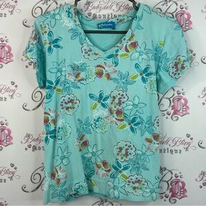 Fresh Produce tshirt tee flowers blue green Aqua Floral Short Sleeve Top